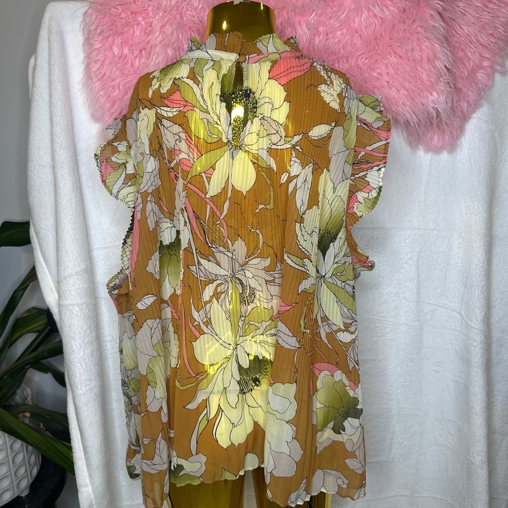 Anthro Boho Ryegrass Sheer Floral Pleated High Neck Sleeveless Blouse Yellow XL